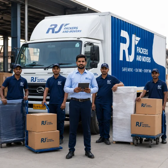 RJ Packers and Movers rJ Packers and Movers operations team in front of a white-blue branded truck, with a supervisor holding a tablet and movers standing ready with dollies and packed boxes