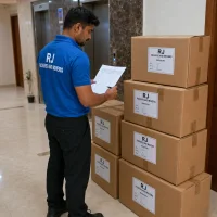 RJ Packers and Movers rJ Packers and Movers supervisor checking a printed inventory sheet against labeled boxes stacked neatly in a residential hallway