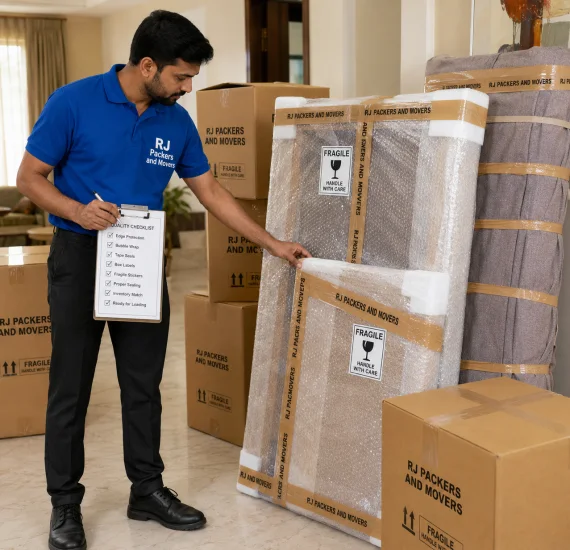 RJ Packers and Movers rJ Packers and Movers quality supervisor inspecting bubble-wrapped fragile items, checking edge protection, tape seals, and box labels with black text only before loading