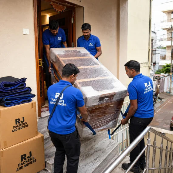 RJ Packers and Movers synchronized RJ Packers and Movers crew lifting a bubble-wrapped wooden cabinet using professional moving straps, demonstrating teamwork and safe handling