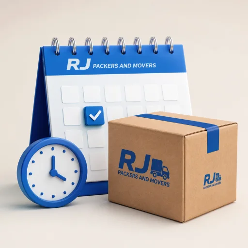 RJ Packers and Movers blue-and-white moving calendar with a check mark, small clock, and sealed branded carton