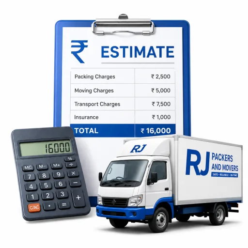 RJ Packers and Movers calculator, rupee estimate sheet, and small moving truck arranged as a quote icon