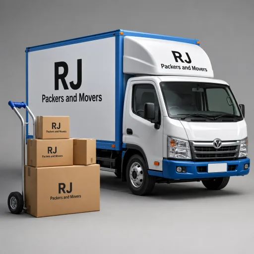 RJ Packers and Movers compact white-blue moving truck beside stacked cartons and a hand trolley
