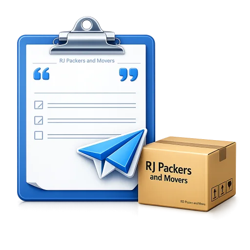 RJ Packers and Movers clean blue-and-white quote form clipboard with a paper-plane submit symbol, small cardboard moving box printed RJ Packers and Movers in black text only beside it