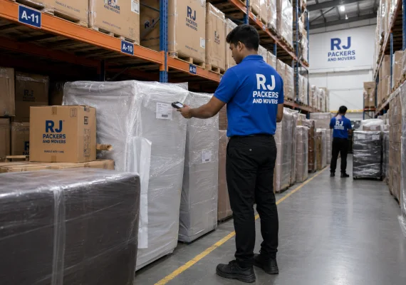 RJ Packers and Movers neatly stored household cartons and wrapped furniture inside RJ Packers and Movers warehouse, with staff scanning a storage label