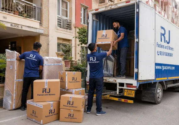 RJ Packers and Movers rJ Packers and Movers loading household boxes and protected furniture from a Jaipur apartment into a branded truck