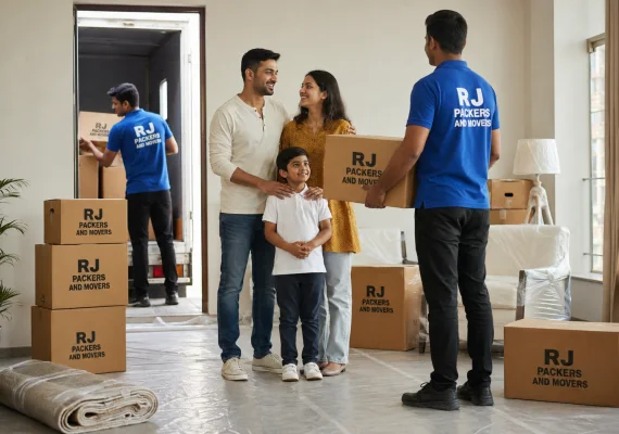 RJ Packers and Movers family receiving arranged boxes in a new apartment while RJ Packers and Movers team unloads carefully