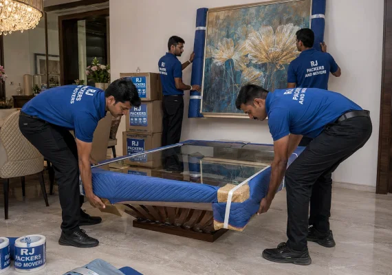 RJ Packers and Movers rJ Packers and Movers team moving a premium glass-top table and large artwork using padded blankets, corner guards, and lifting straps