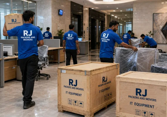 RJ Packers and Movers rJ Packers and Movers relocating office workstations, with labeled IT crates, wrapped chairs, and staff moving items through a corporate lobby