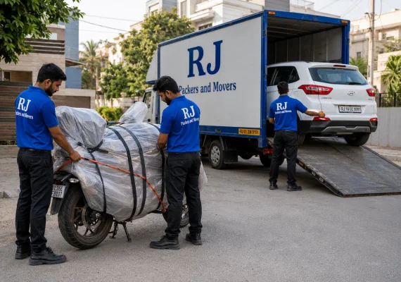 RJ Packers and Movers rJ Packers and Movers crew securing a motorcycle with protective covers and straps near a covered white-blue vehicle carrier, with a car being guided onto a ramp in the background