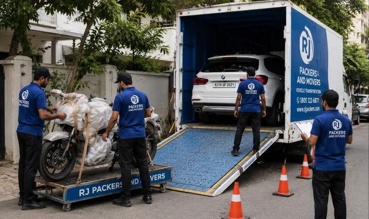 RJ Packers and Movers rJ Packers and Movers team loading a car into a covered white-blue vehicle carrier while another crew secures a motorcycle with protective wraps and straps