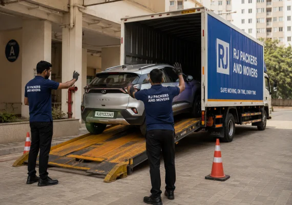 RJ Packers and Movers car being guided slowly up a hydraulic ramp into a covered RJ Packers and Movers carrier, with staff signaling carefully