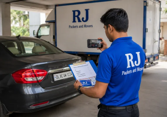 RJ Packers and Movers rJ Packers and Movers supervisor photographing vehicle condition and checking RC, insurance, and ID documents on a clipboard before transport