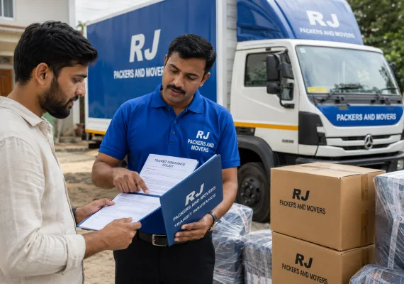 RJ Packers and Movers rJ Packers and Movers supervisor explaining transit insurance documents to a customer beside protected boxes and a sealed white-blue truck