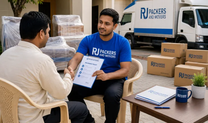 RJ Packers and Movers rJ Packers and Movers insurance coordinator explaining policy coverage to a customer while protected goods, sealed cartons, and a white-blue truck visible
