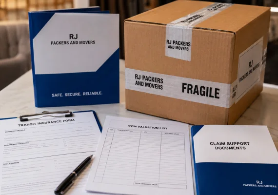 RJ Packers and Movers close-up of transit insurance form, item valuation list, and claim support folder placed beside a sealed fragile box