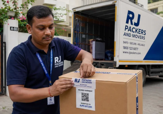 RJ Packers and Movers rJ Packers and Movers supervisor placing an insured shipment seal and QR inventory tag on a carton before loading