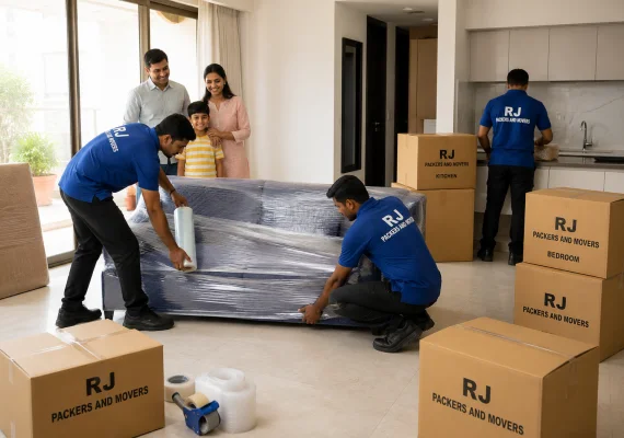 RJ Packers and Movers rJ Packers and Movers staff packing household items inside an Indian apartment, with sofa wrapped, kitchen cartons labeled, and a family observing comfortably