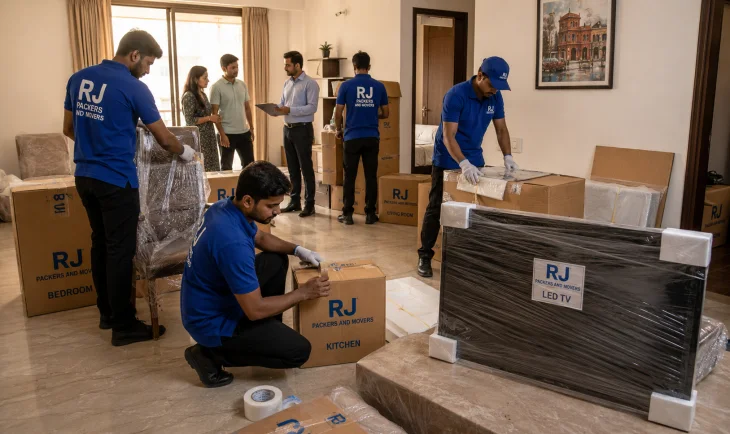 RJ Packers and Movers full household shifting operation inside a Jaipur apartment, movers packing electronics, wrapping furniture, and arranging labeled cartons for room-wise loading