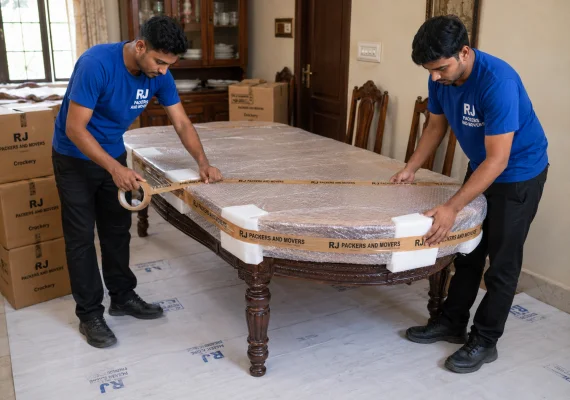 RJ Packers and Movers two RJ Packers and Movers staff wrapping a carved wooden dining table with foam corners, bubble wrap, and packing tape printed RJ Packers and Movers in black text only