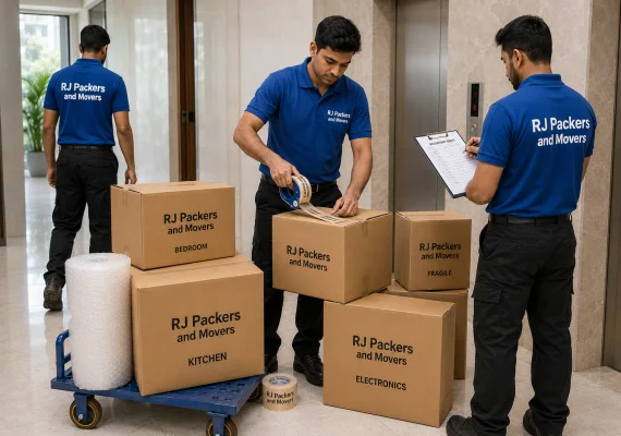 RJ Packers and Movers organized cartons labeled kitchen, bedroom, fragile, and electronics while an RJ Packers and Movers supervisor marks an inventory sheet