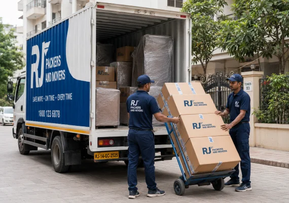 RJ Packers and Movers movers using a hand trolley to load sealed household boxes into a white-blue RJ Packers and Movers truck, with wrapped furniture already secured inside