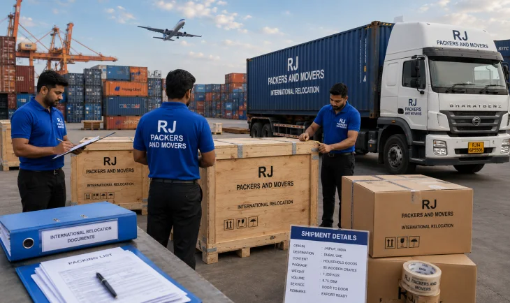 RJ Packers and Movers rJ Packers and Movers preparing export-ready household shipment with sealed wooden crates, cartons, customs paperwork, and a white-blue truck near container stacks