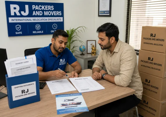 RJ Packers and Movers coordinator reviewing passport copies, customs declaration, packing list, and shipment quote with a customer at a desk beside sealed cartons