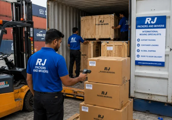 RJ Packers and Movers export cartons and wooden crates being loaded into a shipping container under supervision, with barcode scanning and protective stacking
