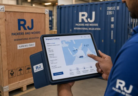 RJ Packers and Movers close view of a tablet showing a clean shipment tracking map interface while RJ Packers and Movers crates and a cargo container sit in the background