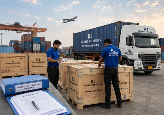 RJ Packers and Movers rJ Packers and Movers international relocation cargo being prepared for air and sea shipment, with sealed wooden crates, documentation folders, and a white-blue container truck near a logistics terminal