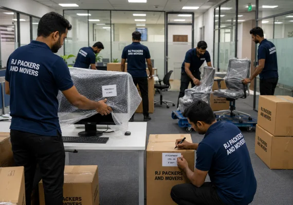RJ Packers and Movers rJ Packers and Movers team relocating a modern office, wrapping monitors, labeling IT equipment cartons, and moving ergonomic chairs on dollies