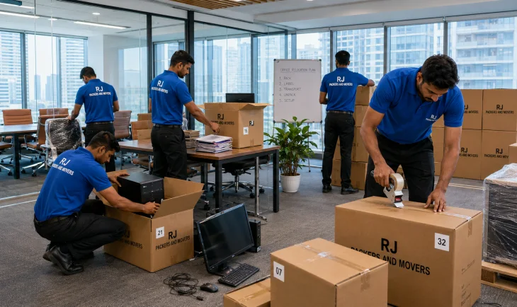 RJ Packers and Movers rJ Packers and Movers team managing a corporate office move, packing desktop computers, monitors, files, chairs, and conference room equipment with numbered labels