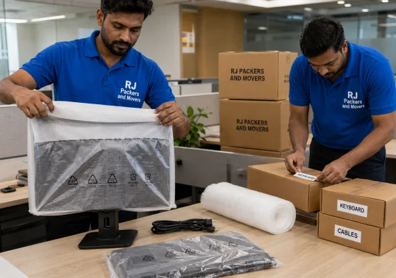RJ Packers and Movers mover wrapping computer monitors in foam sheets and anti-static covers while another labels keyboard and cable cartons