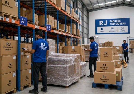 RJ Packers and Movers secure RJ Packers and Movers warehouse with pallet racks, sealed household cartons, wrapped furniture, and staff scanning inventory