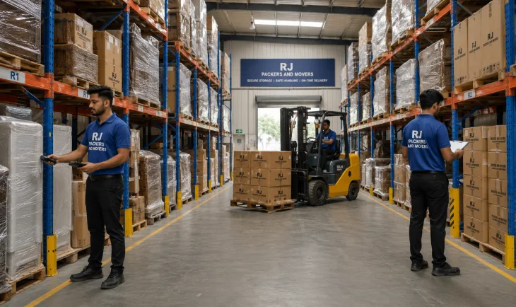 RJ Packers and Movers rJ Packers and Movers secure storage facility with tall racks, wrapped furniture, household cartons, inventory scanning, and a forklift moving pallets carefully