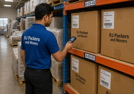 RJ Packers and Movers warehouse staff scanning barcode labels on sealed RJ Packers and Movers storage cartons arranged by customer and room