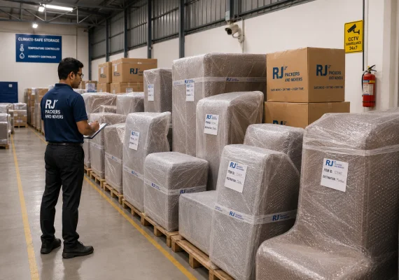 RJ Packers and Movers rows of bubble-wrapped furniture and sealed cartons stored on clean pallets, with an RJ Packers and Movers supervisor checking climate-safe storage conditions