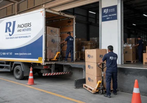 RJ Packers and Movers white-blue RJ Packers and Movers truck backed into a warehouse loading dock while staff move pallets and sealed cartons with pallet jacks