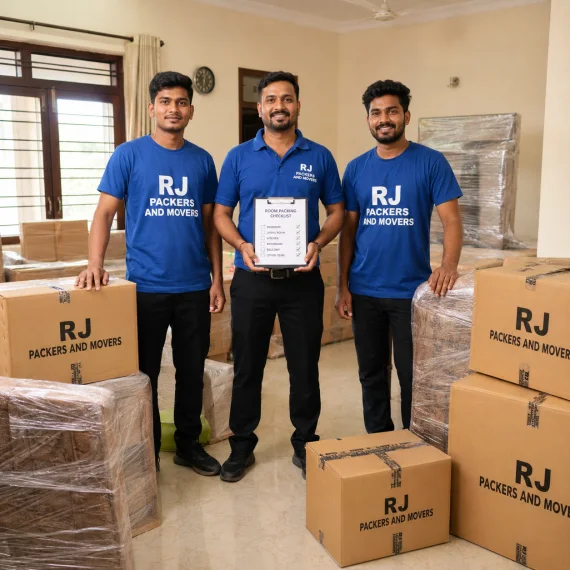 RJ Packers and Movers rJ Packers and Movers team leader and two movers standing beside neatly packed household goods, smiling confidently after completing a room packing checklist