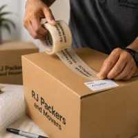 RJ Packers and Movers close-up of careful hands sealing a cardboard moving box with RJ Packers and Movers packing tape printed RJ Packers and Movers in black text only